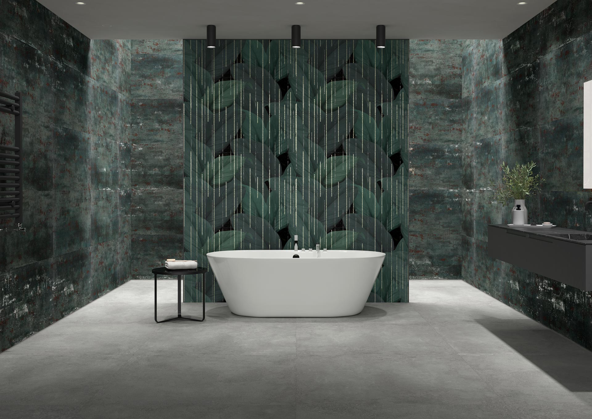 Baño de inspiración TAU Alesso con bañera exenta y cerámica verde