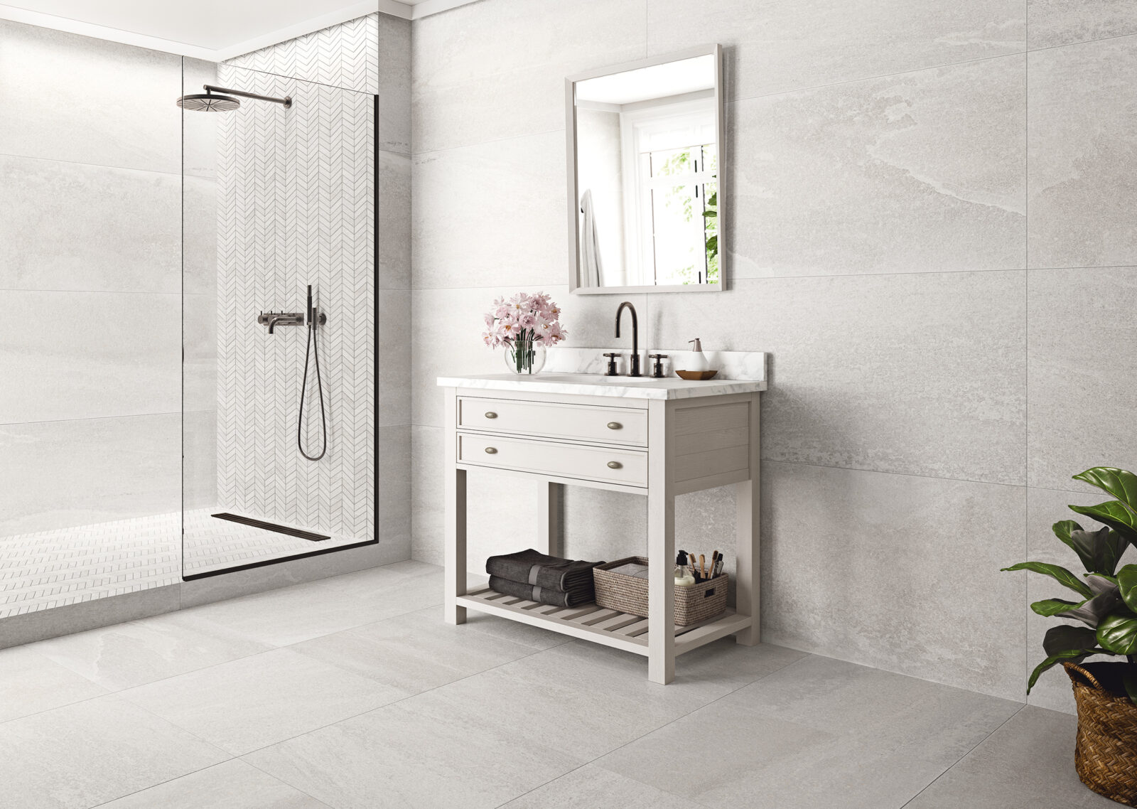 Baño blanco luminoso con ducha y revestimientos Marsella y Calais de Bellacasa.