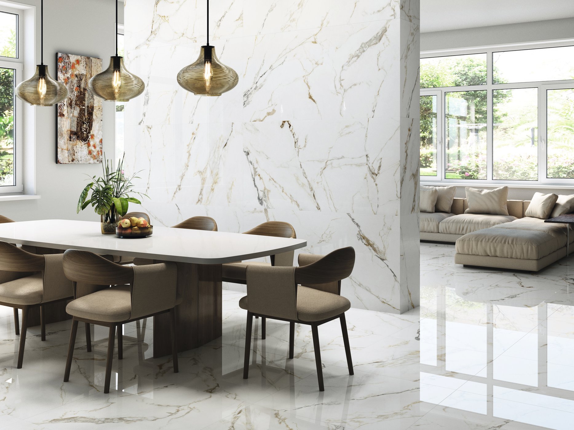 Comedor y salón con superficies claras de efecto mármol de Benadresa, colección Ravena.